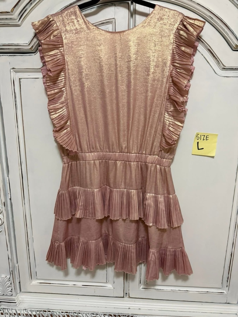Pleated Ruffle Metallic Pink Tiered Dress
